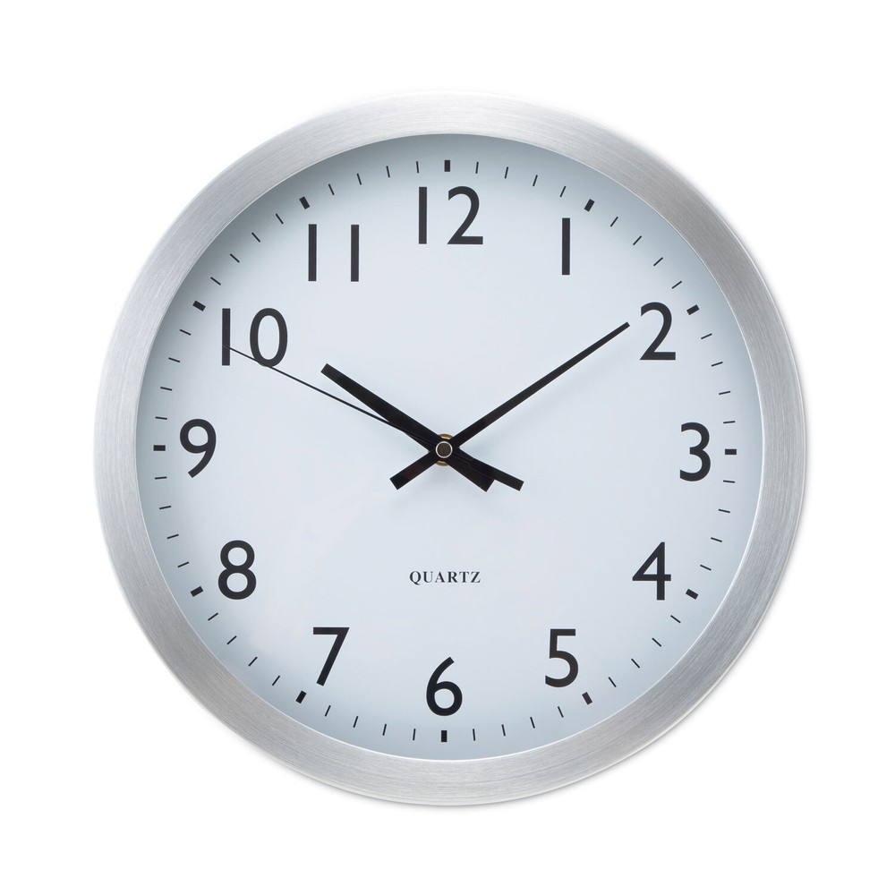 Universal Brushed Aluminum Wall Clock, 12" Overall Diameter, Silver Case, 1 AA (
