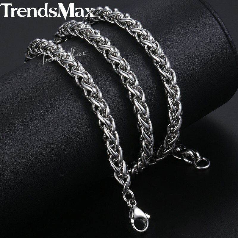 3/4/5/6/8mm Braided Wheat Chain Silver 316L Stainless Steel Men Women Necklace