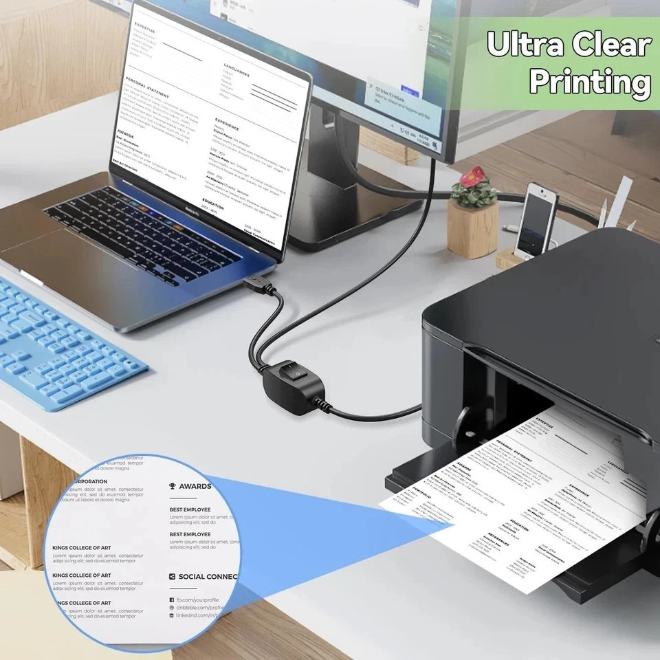 Printer Cable Splitter for Two Computers USB 1 in 2 Individual
