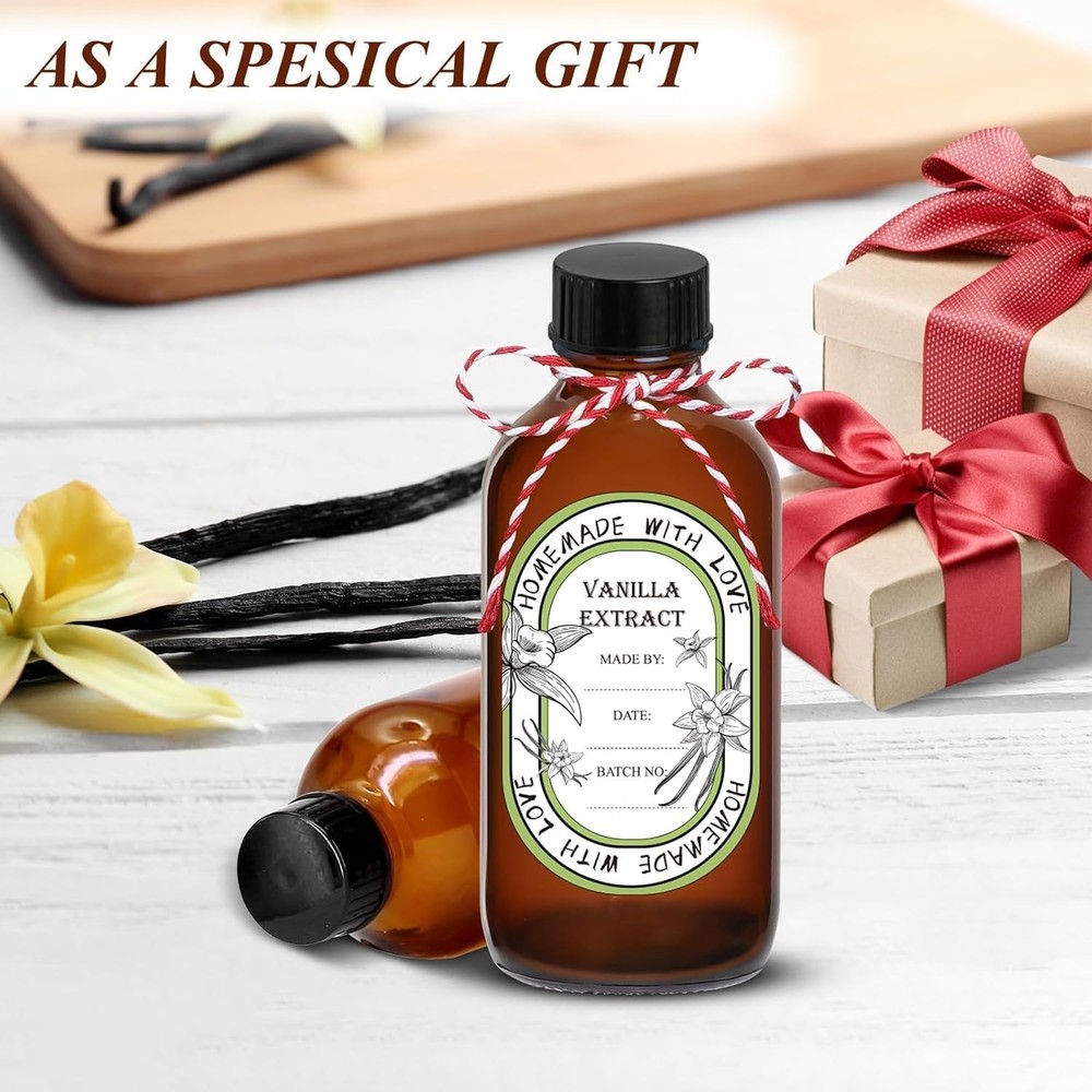 12 Pack 2 oz Vanilla Extract Bottles with Black Poly Cone Caps and 2oz, Brown