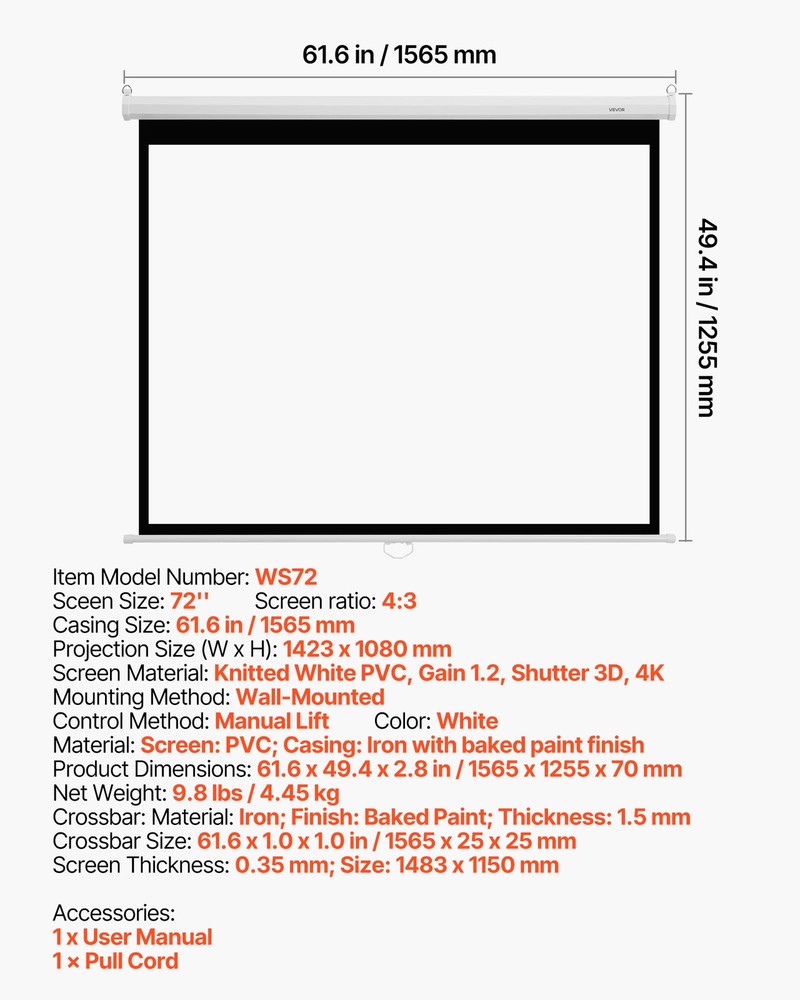 VEVOR Manual Projector Screen 72 inch 4:3 4K Wall Mounted Projection Screen