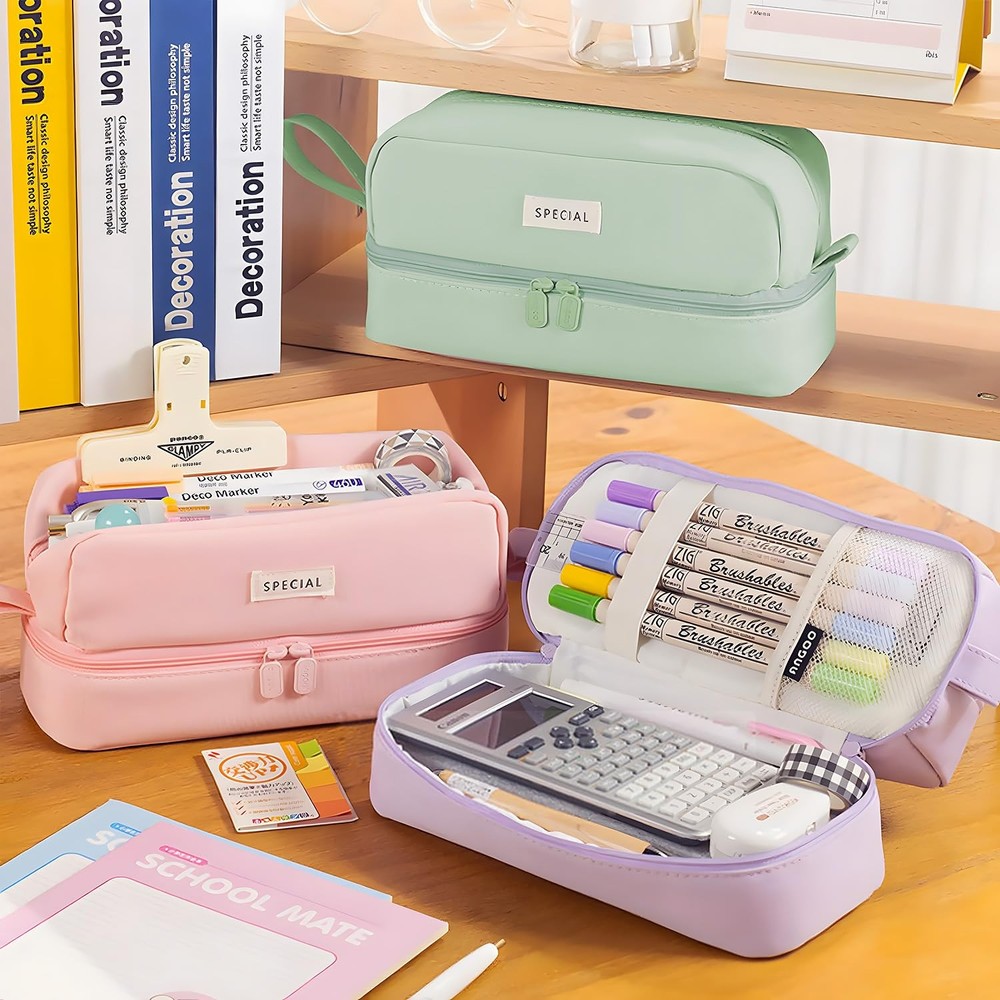 Large Capacity Pencil Case Aesthetic Pen Pouch with Zipper Compartments