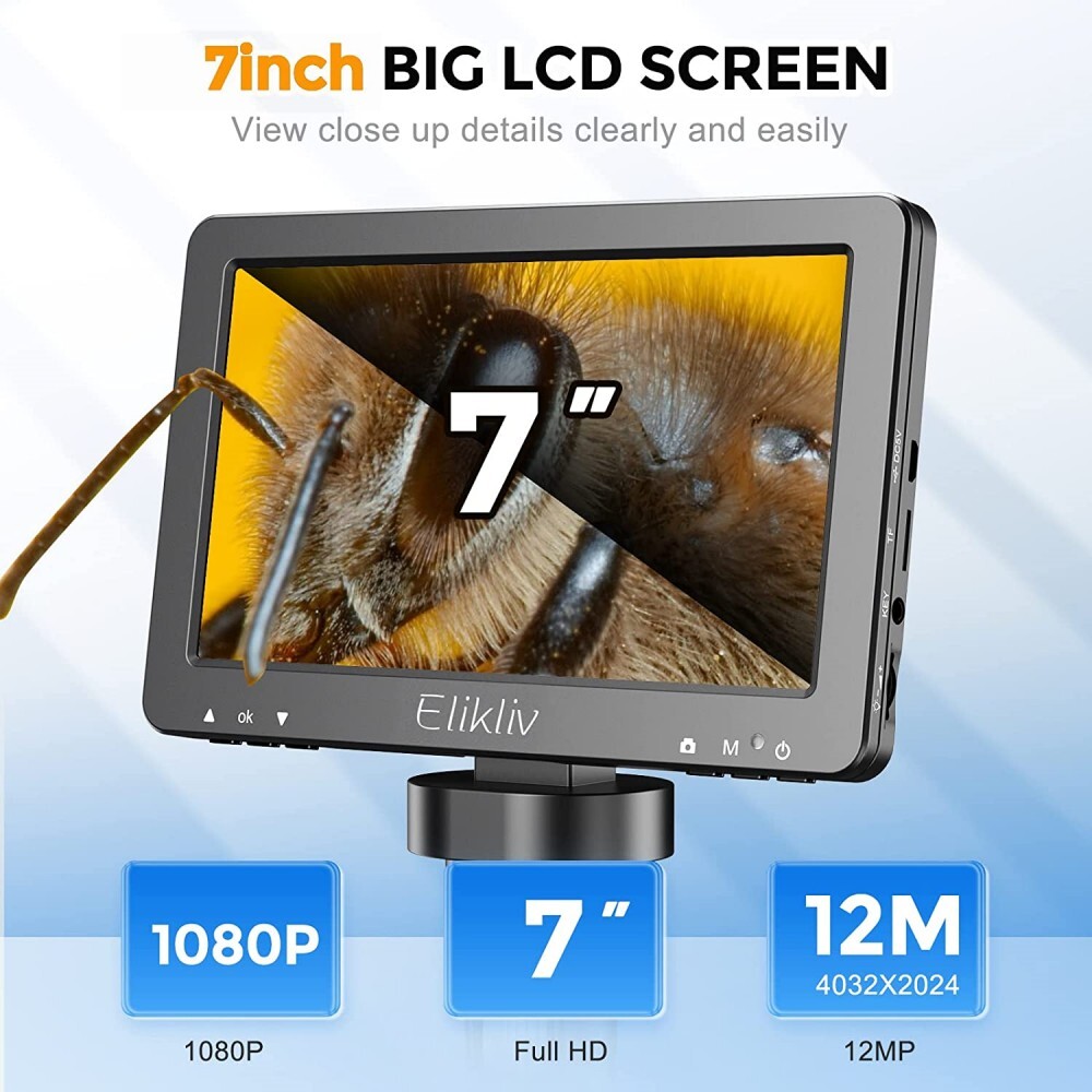 Elikliv 1200X Digital Microscope HD Camera 7" LCD 1080p Coin Magnifier w/ Light