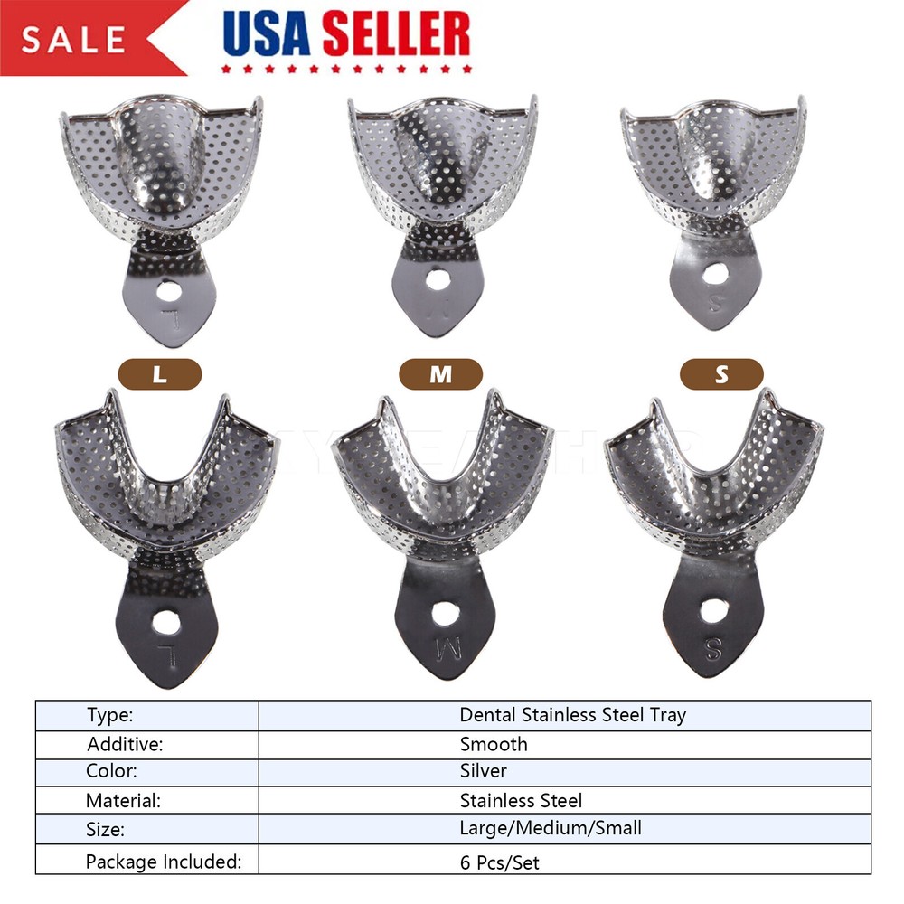 6 Metal Dental Impression Trays Perforated Upper & Lower Endo Instruments
