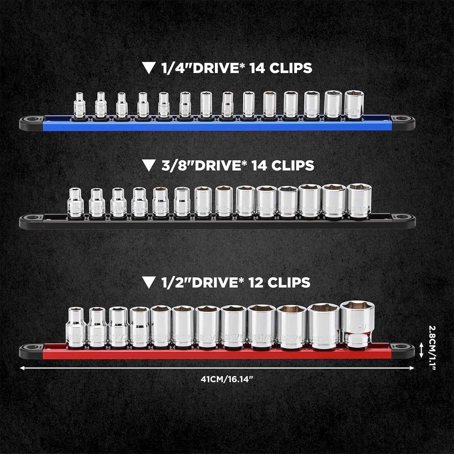 Aluminum Magnetic Socket Organizer 3 PCS Socket Rail Holder, 1/4-Inch x 14 Clips