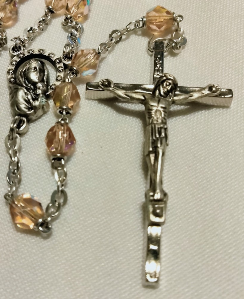 🍑 Antique 🍑 Peach Rosary Aurora Borealis Crystal Beads STUNNING