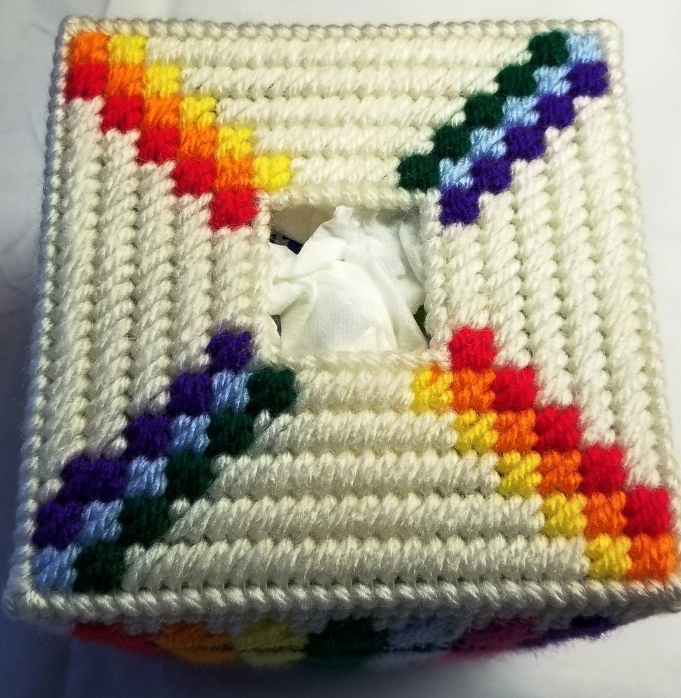 "Crayons" Tissue Box Cover (Plastic & Yarn) Finished