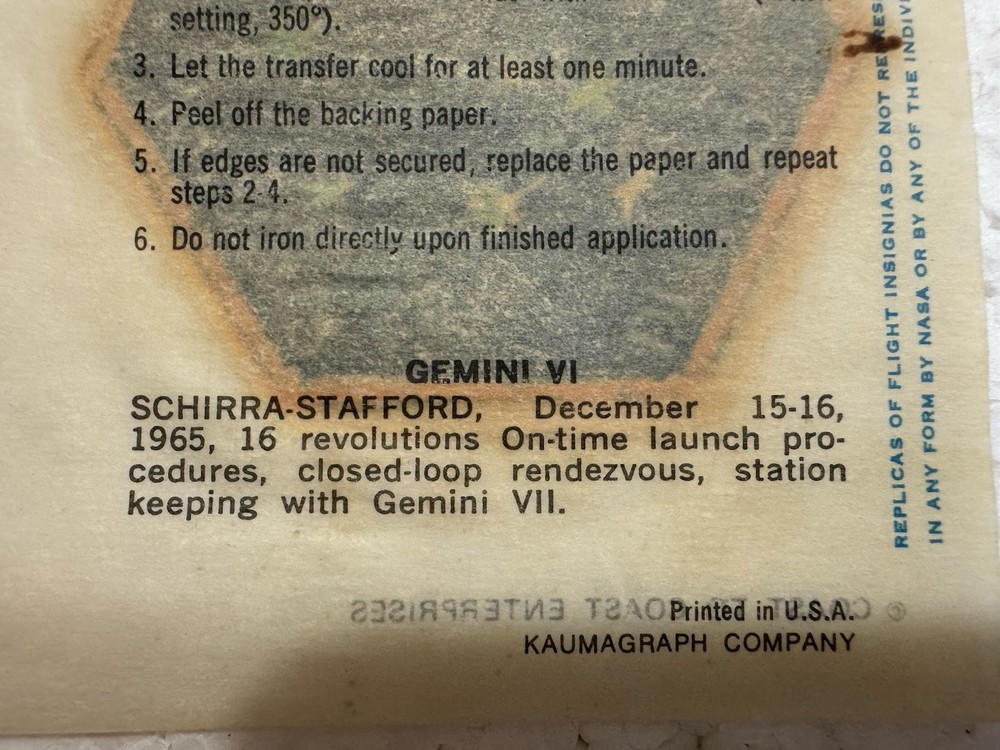 Vintage NASA Gemini VI Transfer Decal