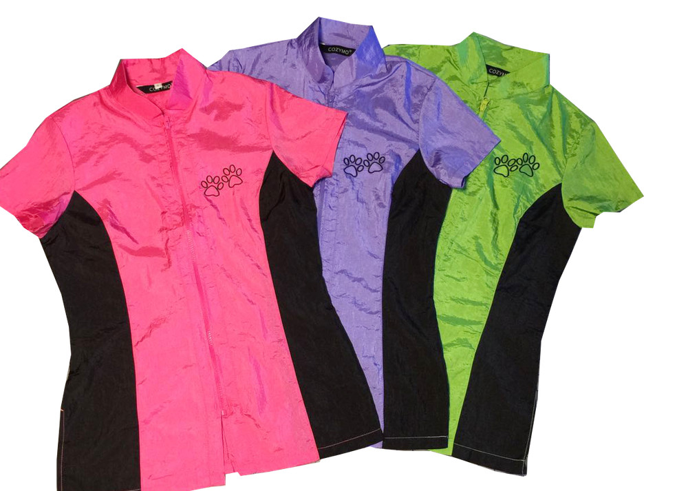 Grooming Front Zipper Two Tone Smock Fitted Embroidery Nylon