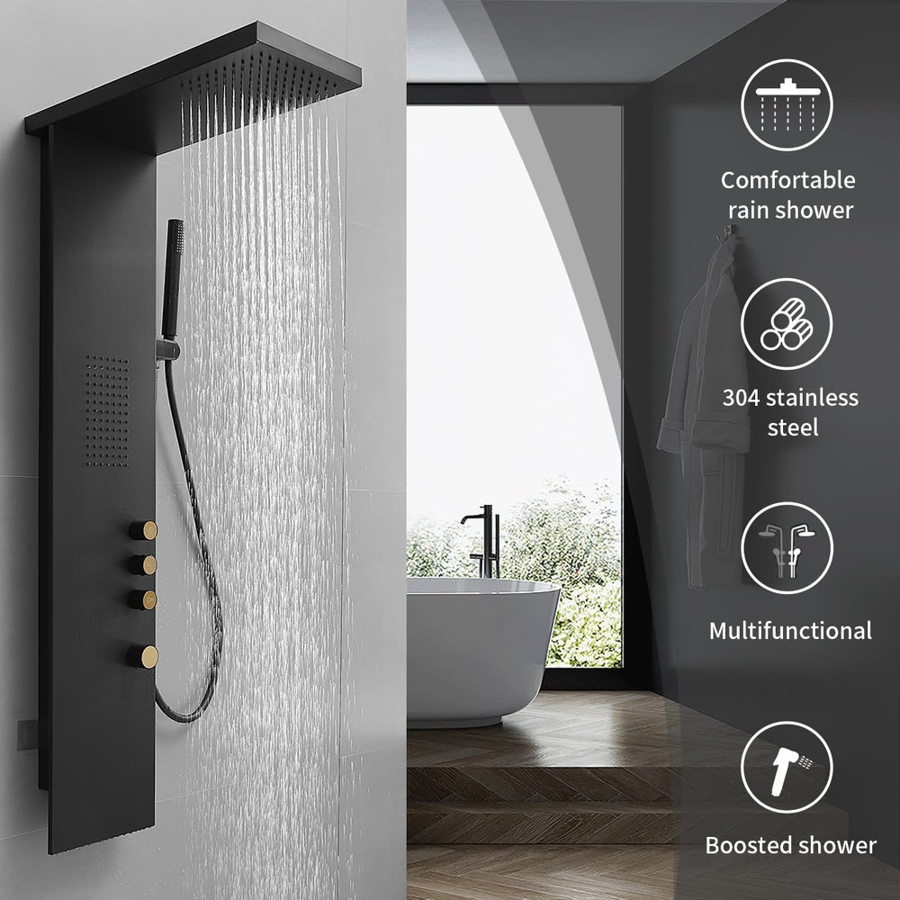 Black Stainless Steel Shower Panel with Rainfall, Jets & Handheld 3-Functions