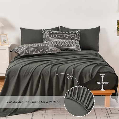 Boho Comforter Set Queen Size 7 Piece Stripe Gradient Queen 90“×90” Black Grey