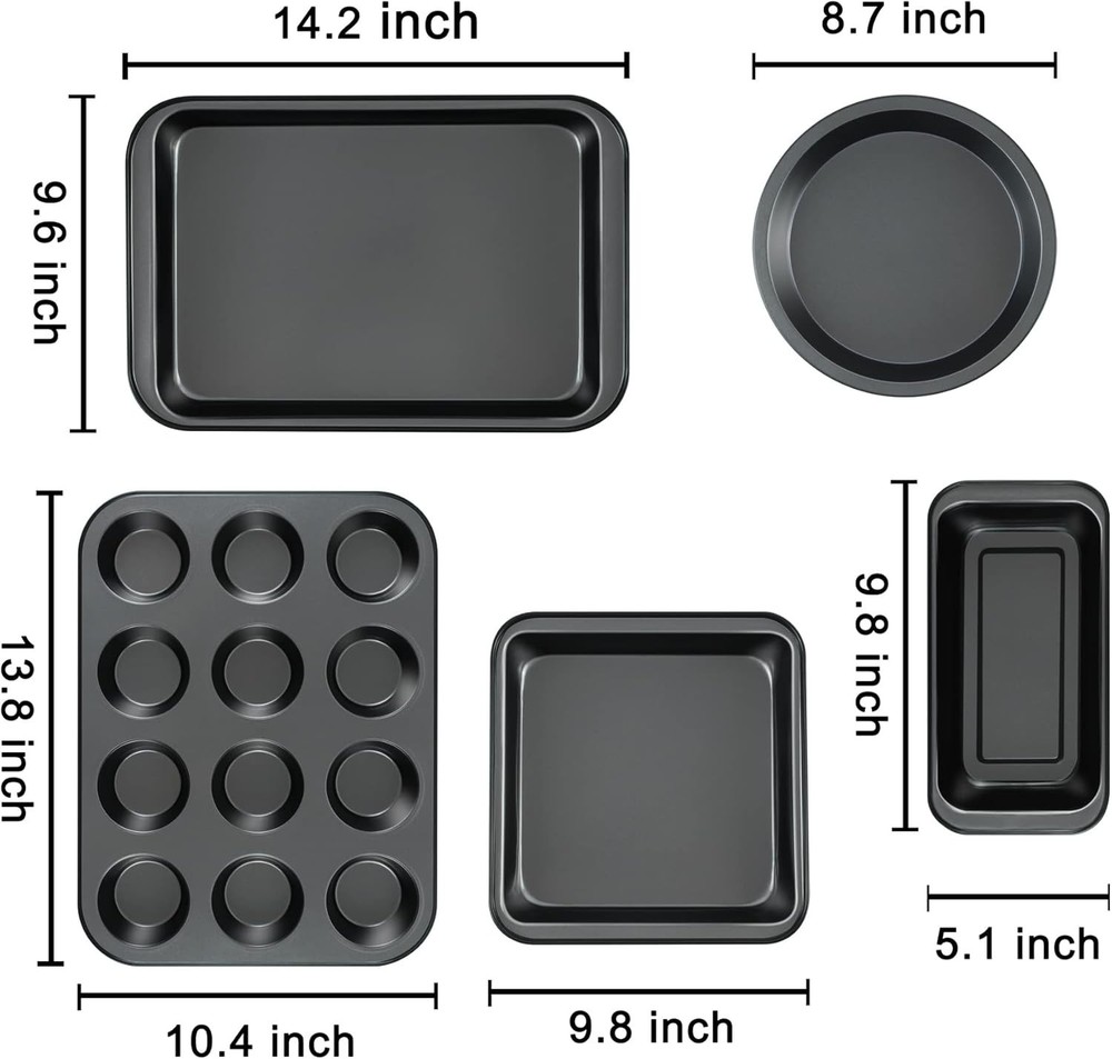 Kitchen 5-Piece Nonstick Bakeware Set - Round/Square Cake Pans, Muffin Pan, L...