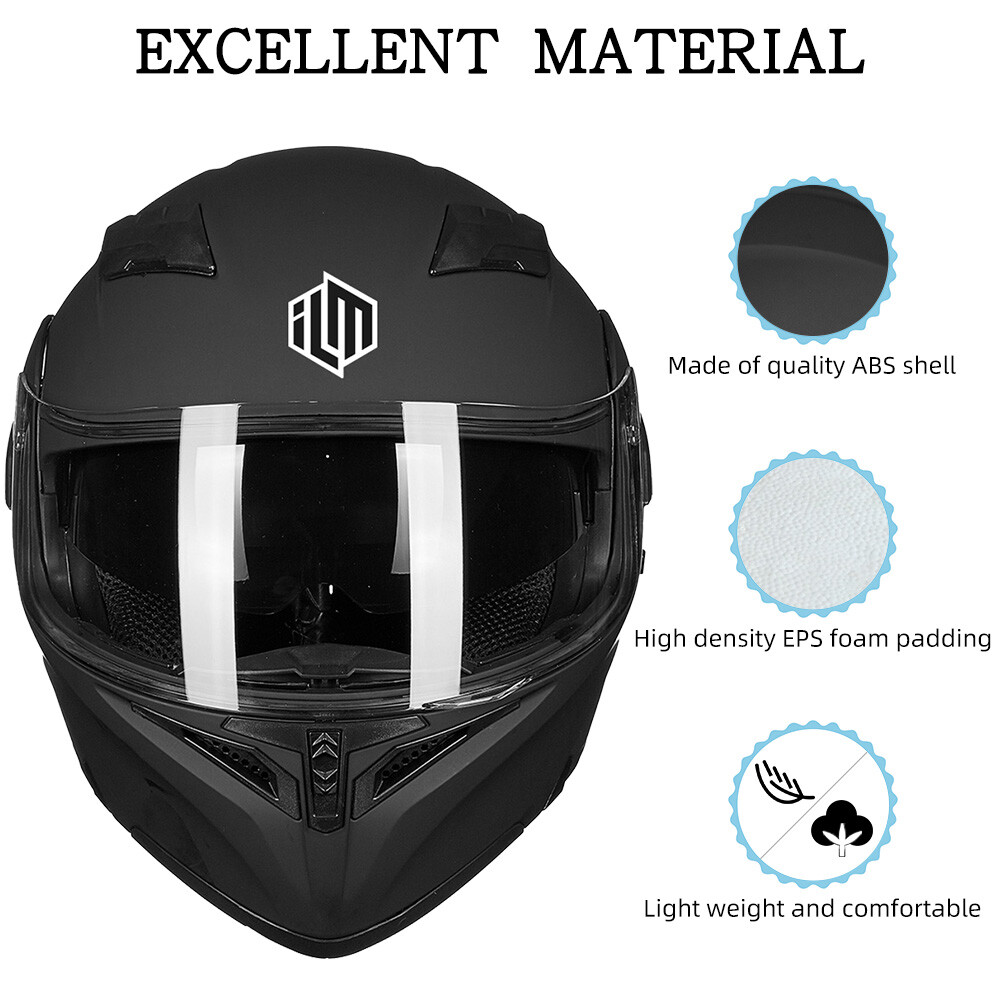 ILM Used Black Flip up Modular Full Face Motorcycle Helmet Dual Visor LED DOT