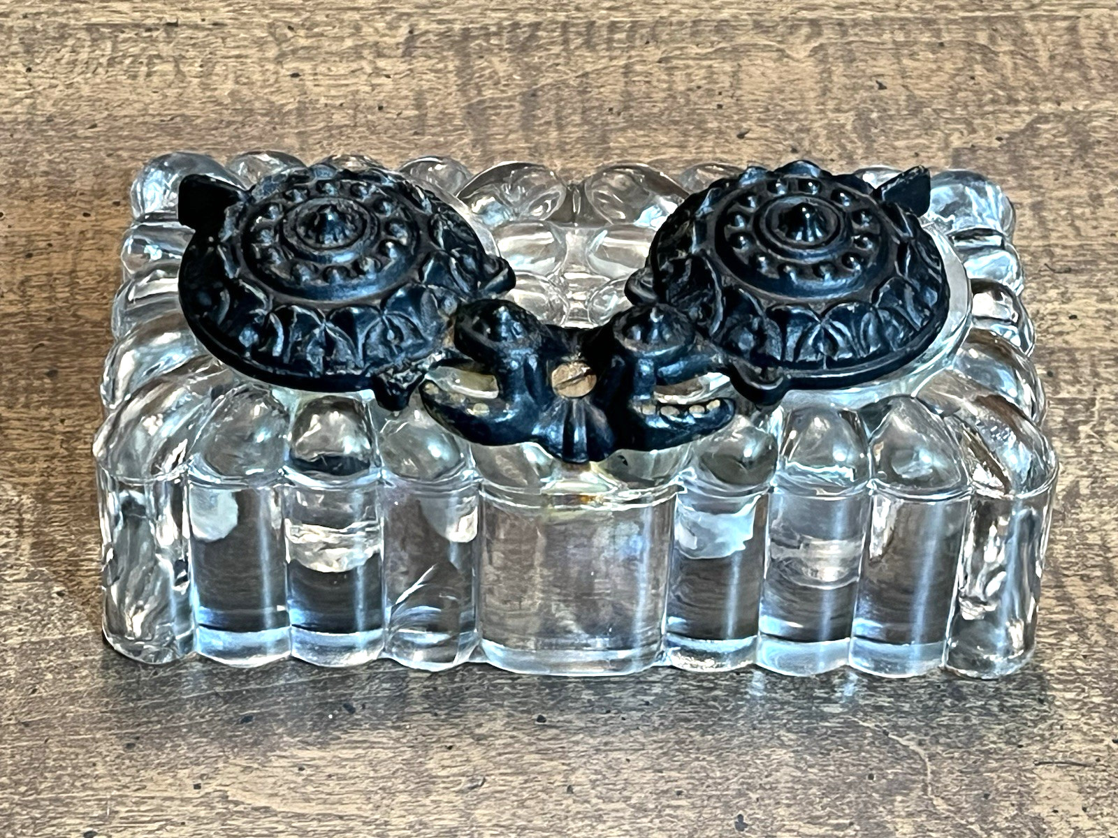 Antique "Tatum" Double Inkwell Pressed Glass w/Cast Iron Swivel Lids 1878-1900