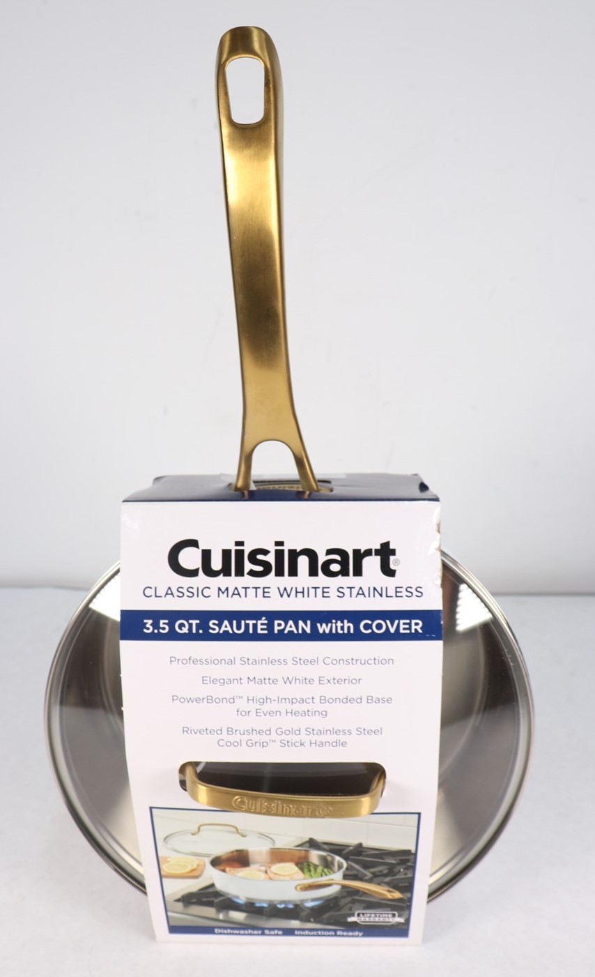 Cuisinart Classic Matte White & Brushed Gold 3.5qt Stainless Saute Pan w/Cover