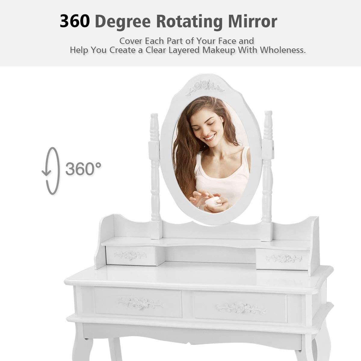 White Vanity Makeup Dressing Table Set w/Stool 4 Drawer&Mirror Jewelry Wood Desk