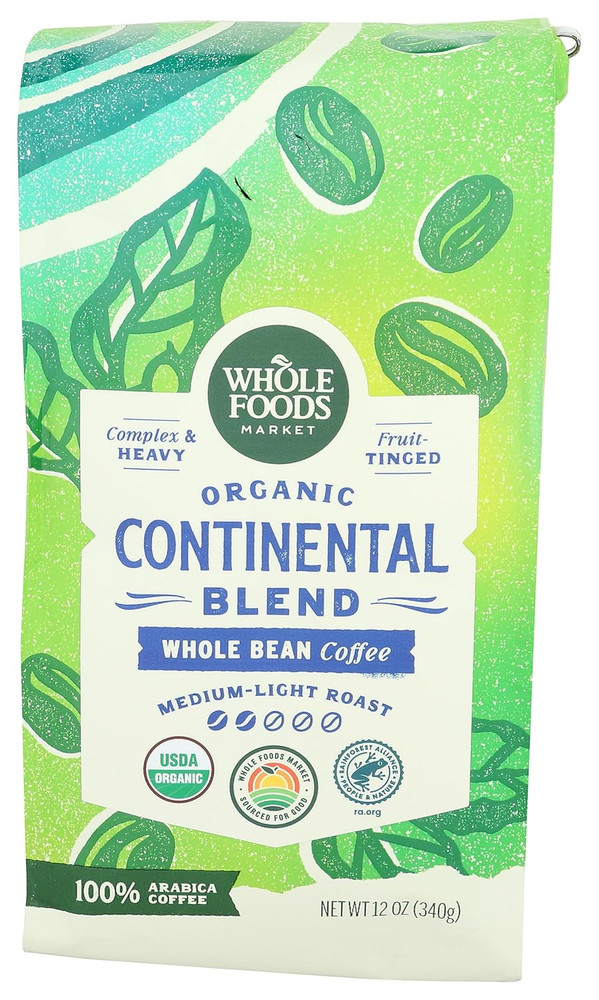 , Organic Continental Blend Whole Bean Coffee, Medium-Light Roast, Complex & Hea
