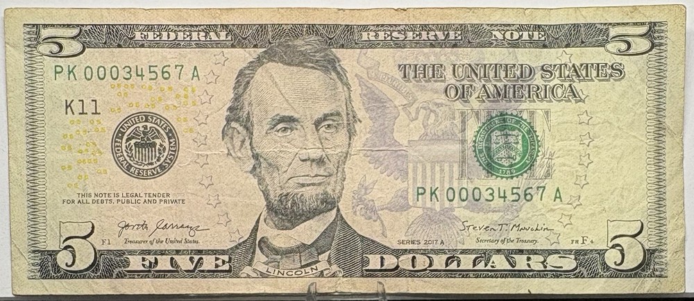 2017 $5 Note, Interesting Serial Number, Leading 0’s And Ladder, Nice! 🔥
