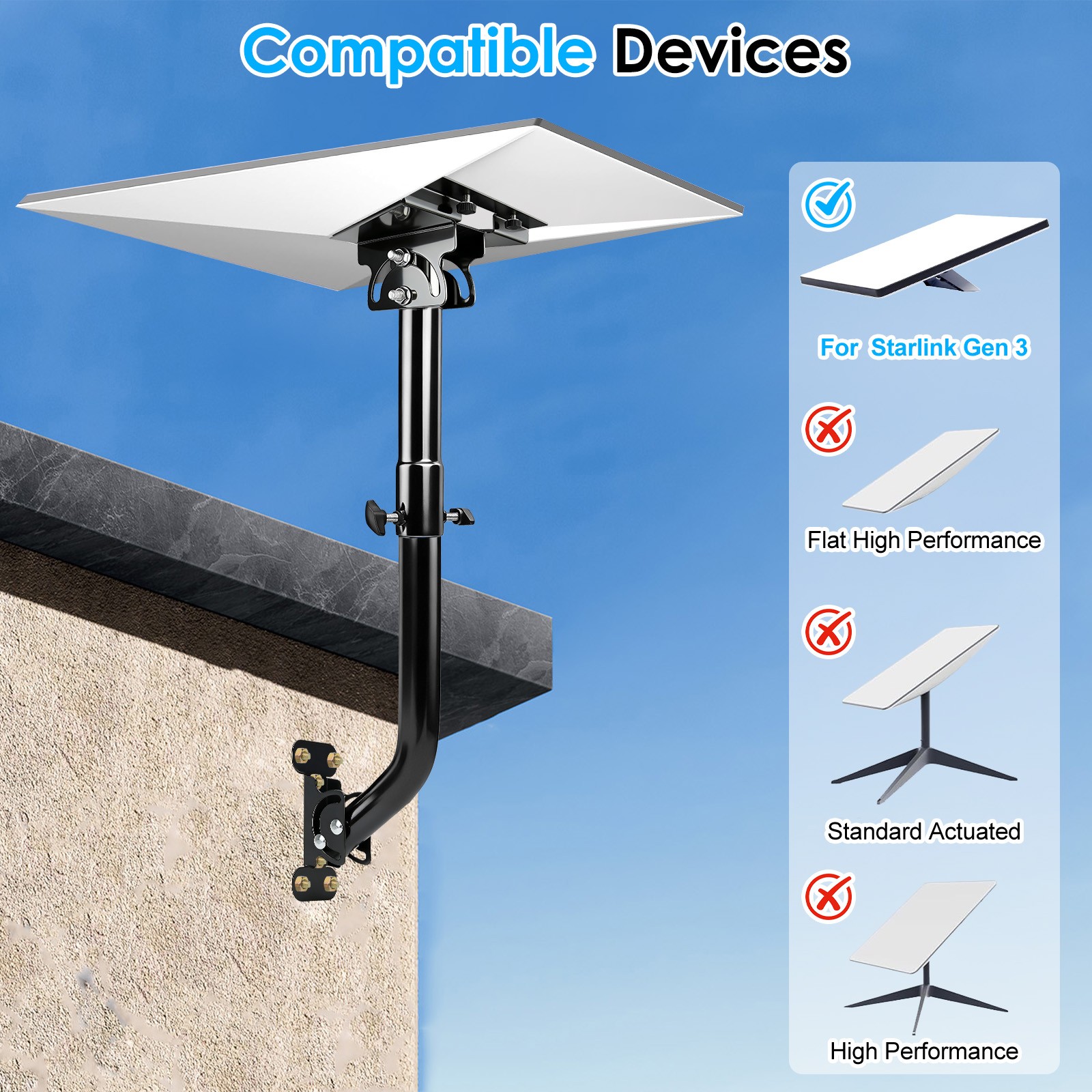Starlink Gen 3 Mount 180° Adjustable Wall/Roof Mounting Standard Gen 3 Pipe Kit