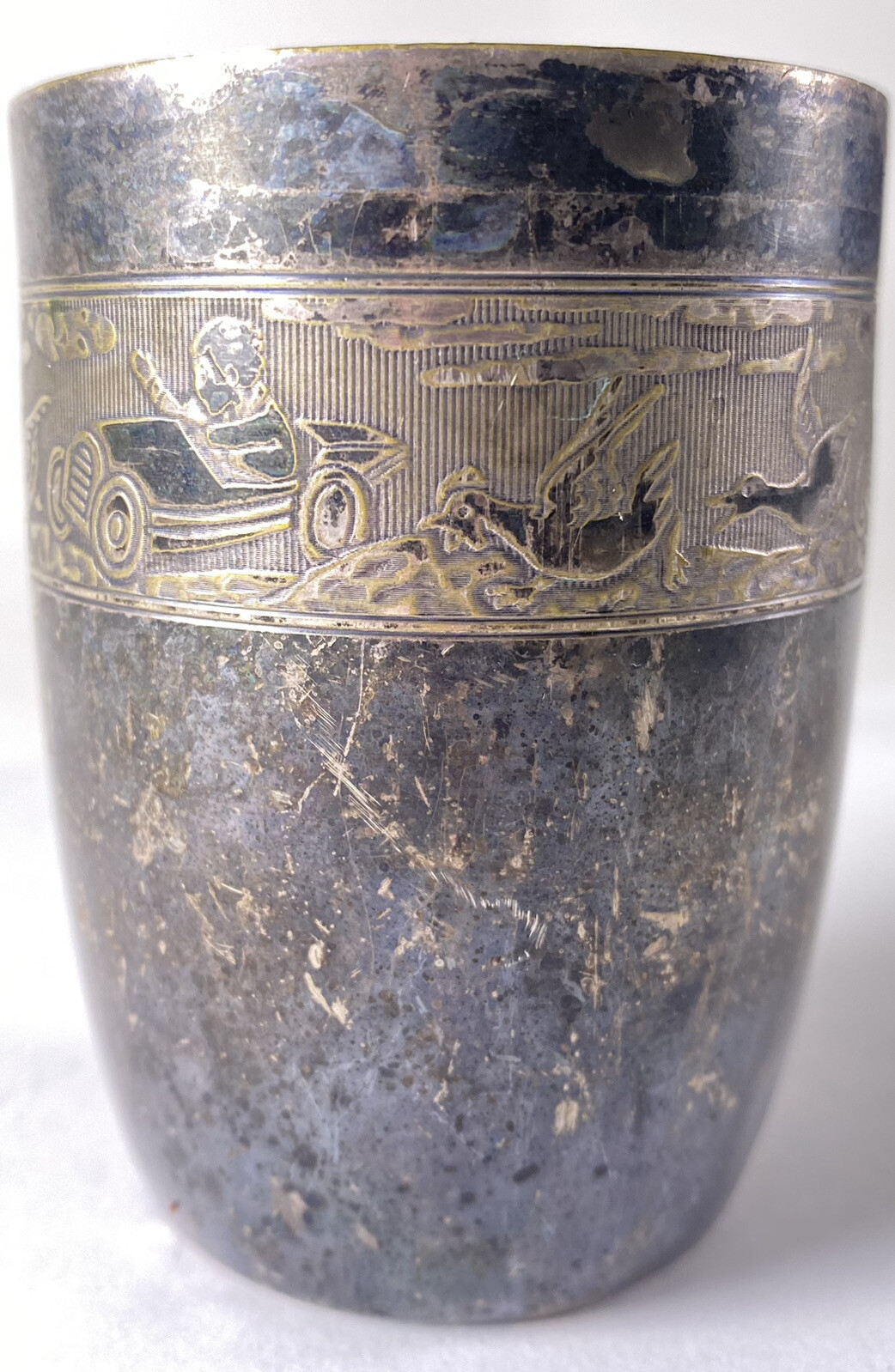 VTG Racecar / Birds Baby Cup - Silverplated - Unusual Unique