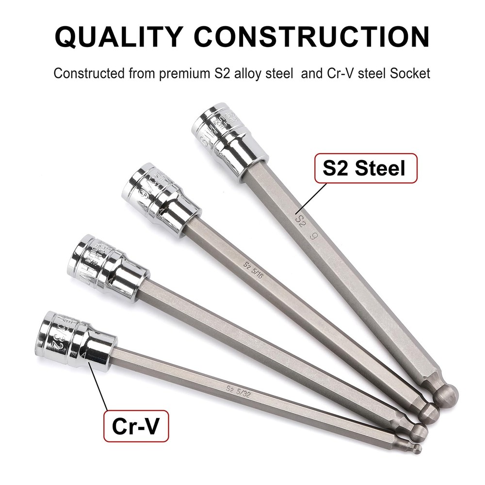 3/8"Drive Extra Long Ball-End Hex Bit Socket Set, 18 Piece Allen Socket Set, ...