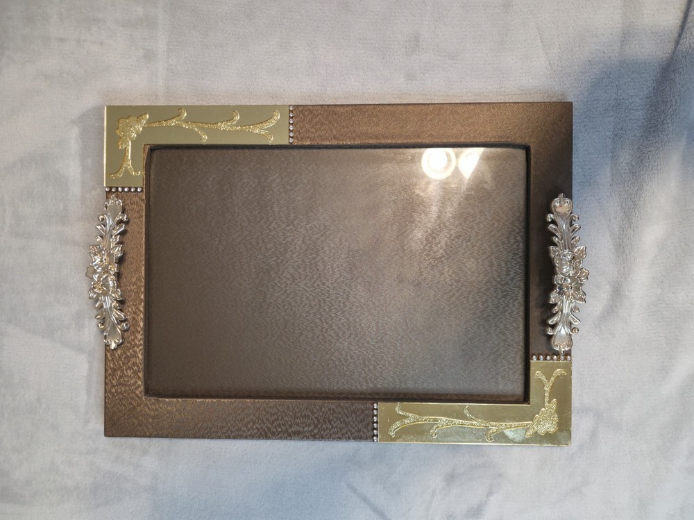 Picture Frame Ornate Rectangular Serving Tray - Brown Wood Finish with Gold Trim
