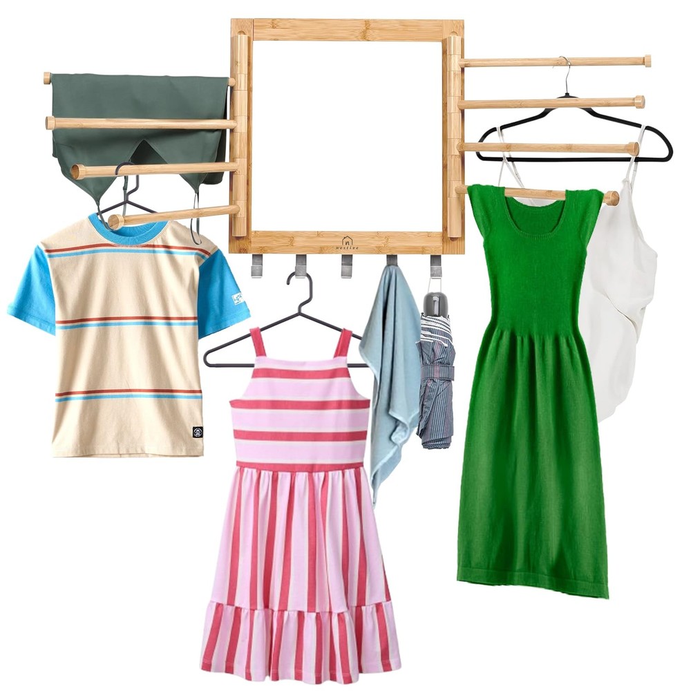 Bamboo Wall Mount Drying Rack for Laundry – Collapsible Foldable Clothes Drye...