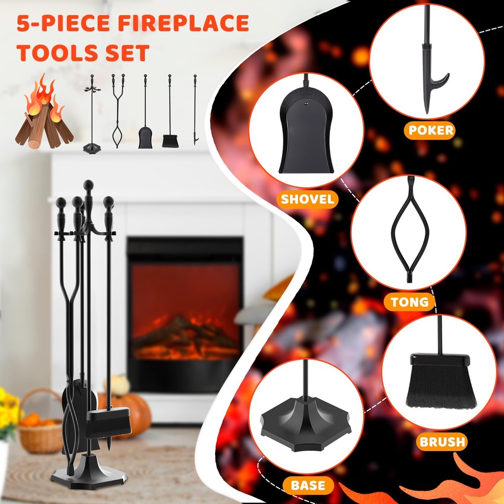 5 Pieces 31In Fireplace Tools Set, Wrought Iron Fireplace Tools with Ergonomi...