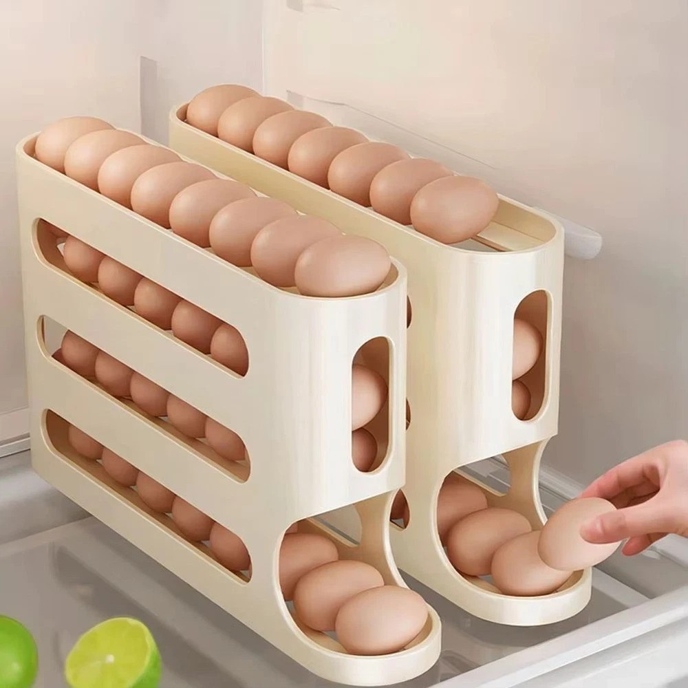 4 Tier Egg Dispenser Rack Auto Roll Refrigerator Organizer