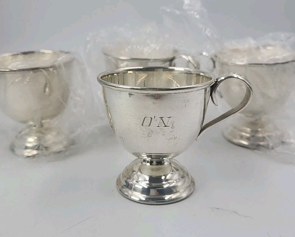 Lot of 4 Vintage Nickel Silver Footed Tea Cup Silverplate Barware MONOGRAMED