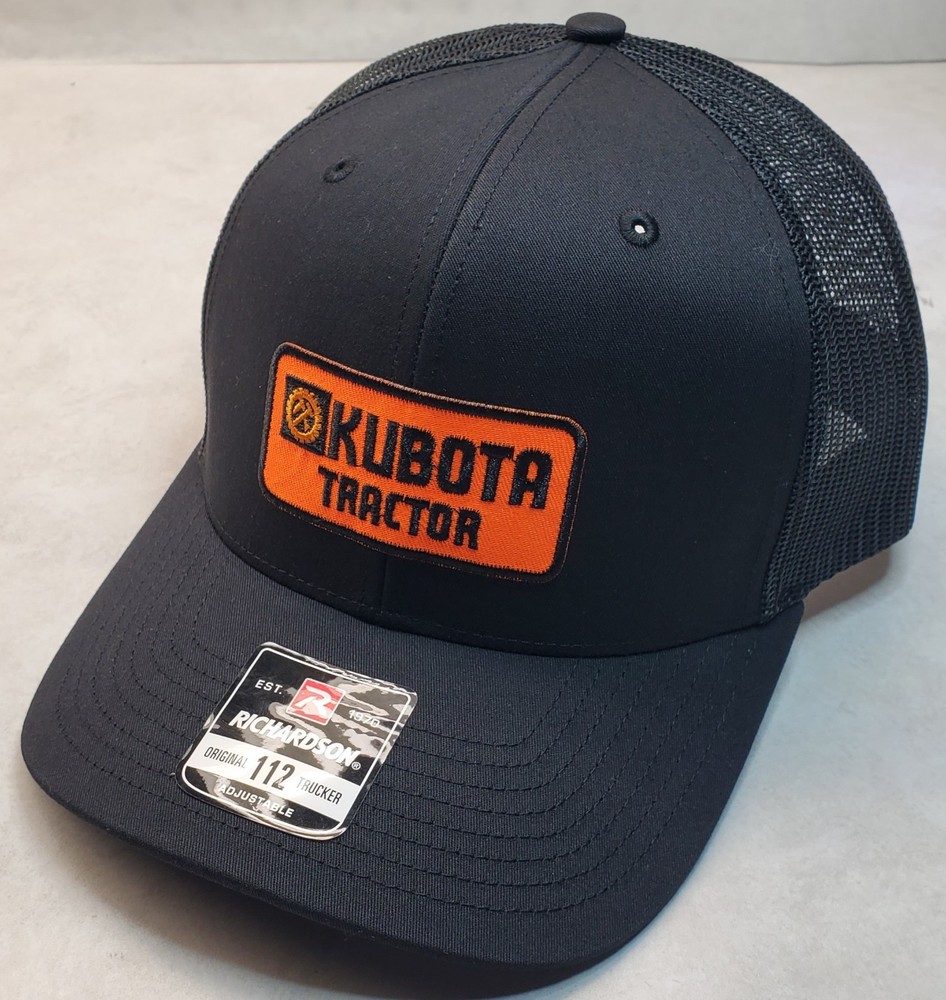 Kubota Tractor Emb. Patch on  Richardson 112 Trucker Hat Snapback Black/Black