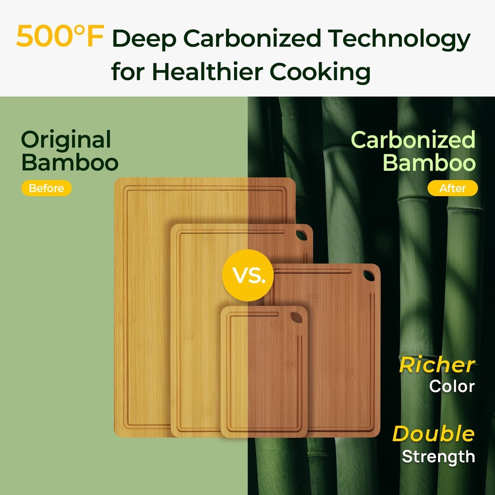 Wood Cutting Board, Carbonized Cutting Boards Set With Smooth Surface & Easy ...