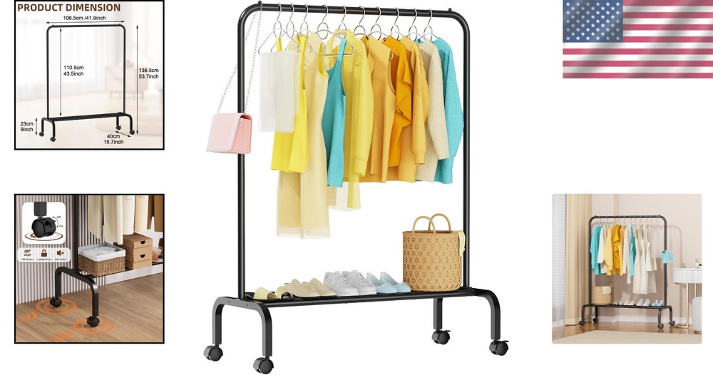 Sturdy Portable Wardrobe Rack - Rolling Black Clothes Rail with Lockable Wheels