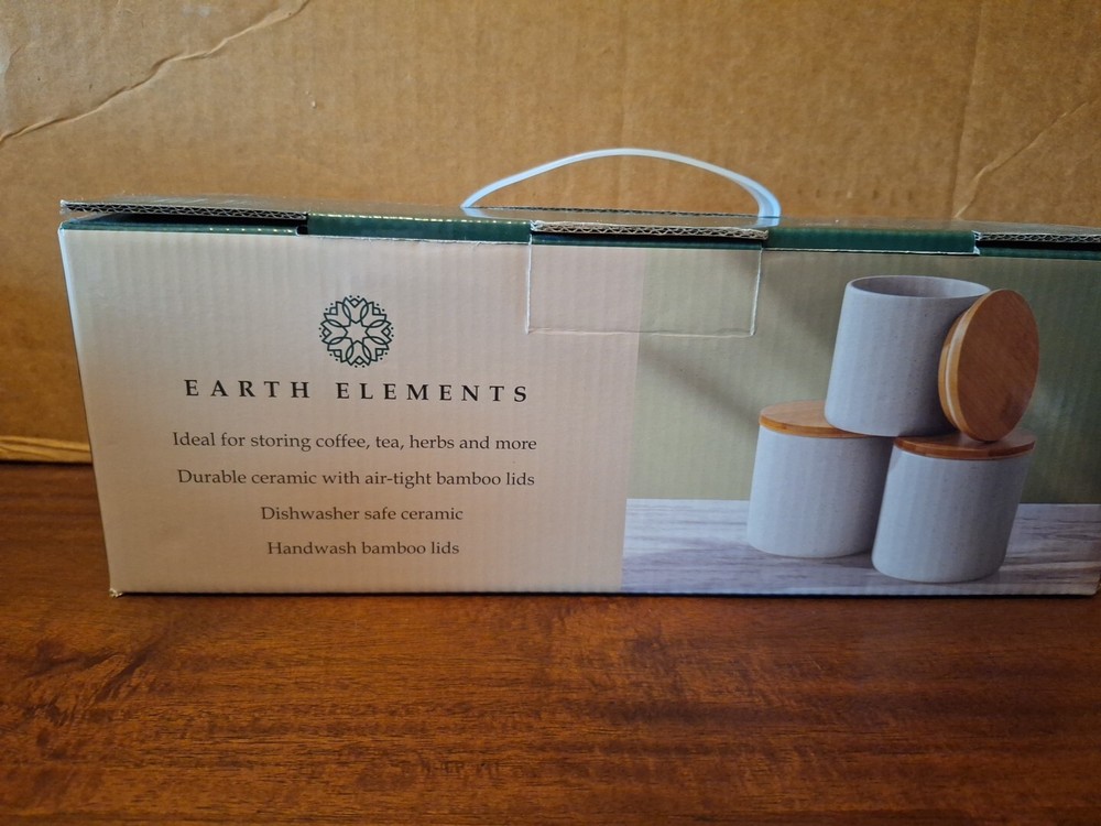 Earth Elements (3) Ceramic Kitchen Canisters With Bamboo Lids