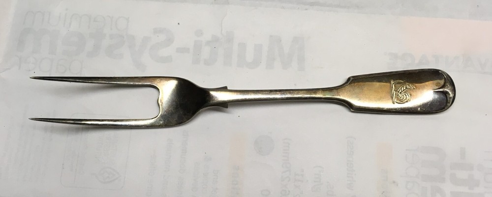 Antique Silverplate Serving Fork 8-1/4” HS&S (?) Rooster Monogram Unknown Stampe