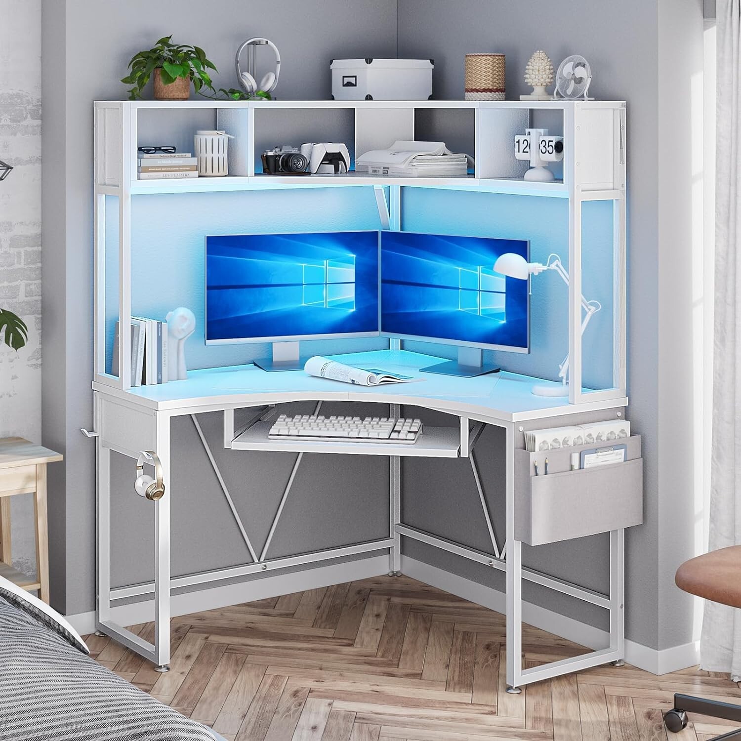 Corner Desk, Small Computer Desk with Hutch &LED Lights Small Office Desk, White