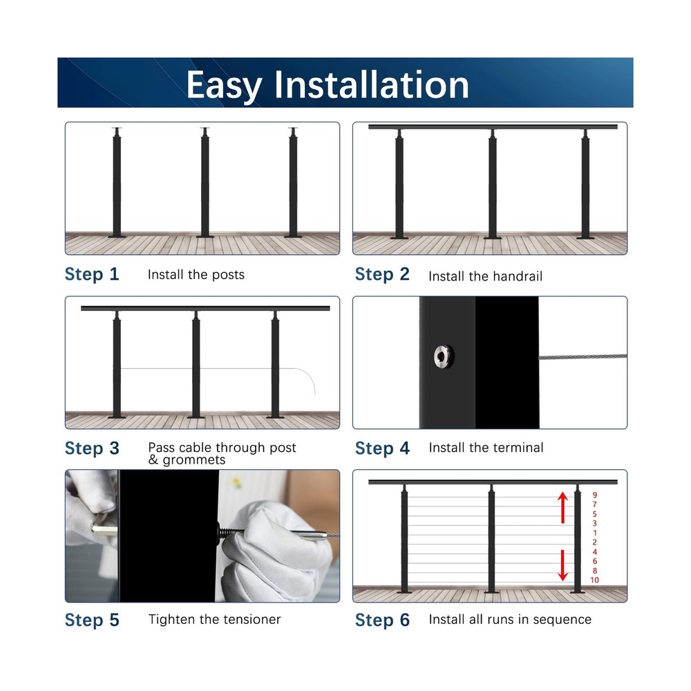 5Pack One-Stop Cable Railing Post Kits, 42" Adjustable Top Level Drilled Line...