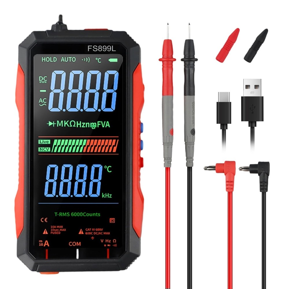 FS899L Digital Multimeter with Color Screen, USB C Rechargeable Electrical Te...