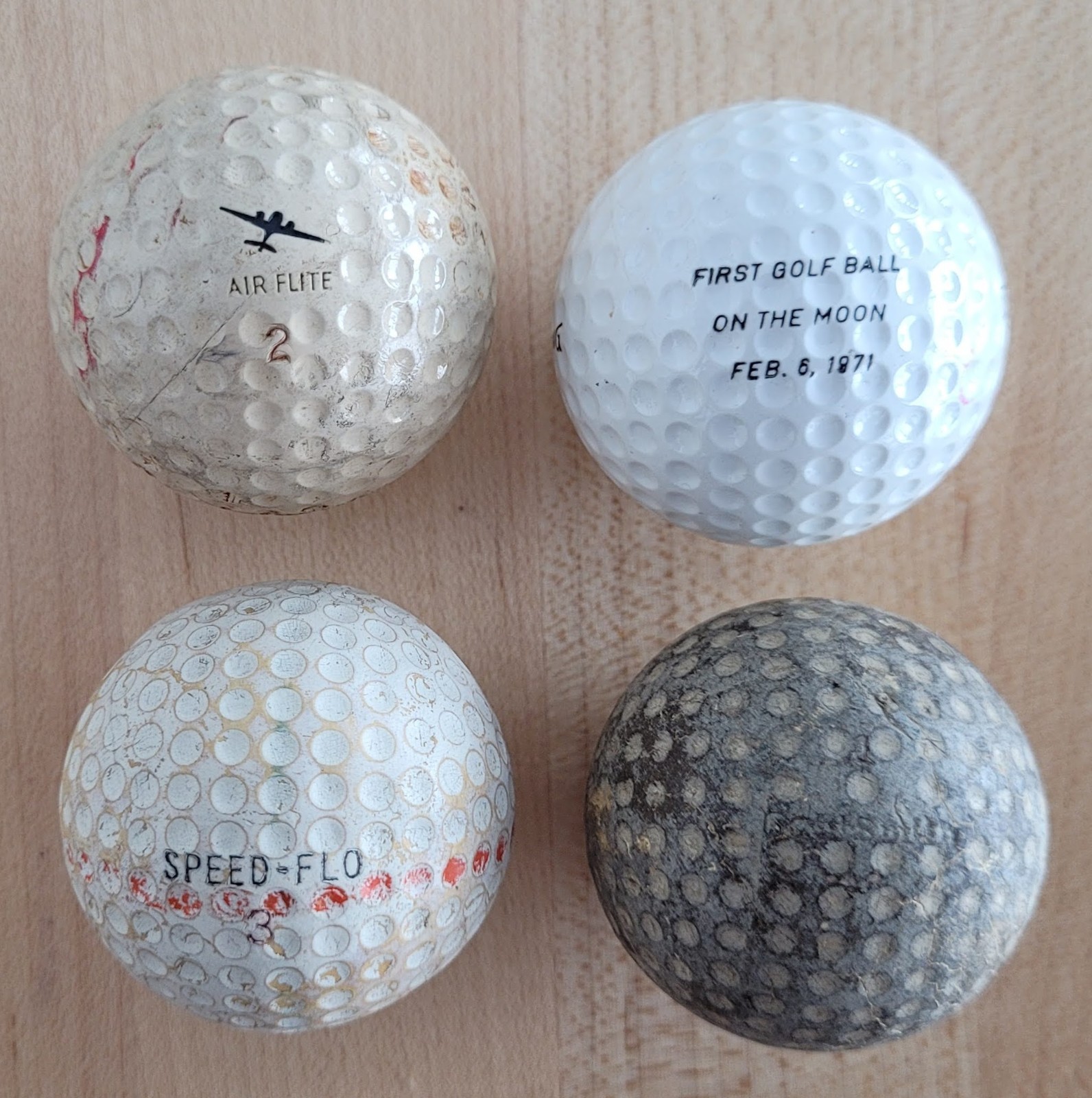 4 Antique Vintage Golf Balls Walter Hagen Speed Flo Moon Airplane Espinosa