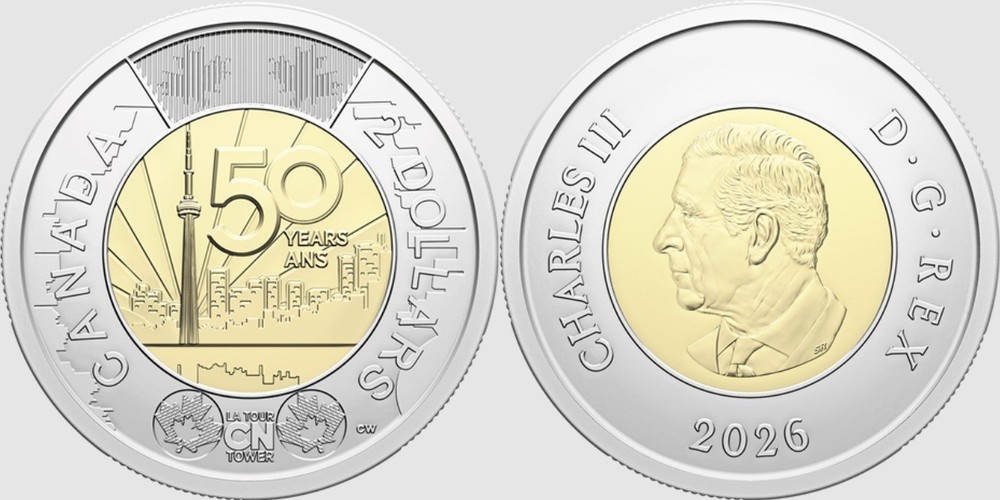 Brilliant Uncirculated 2026 Canada CN Tower Plain 2 Dollars From Mint's Roll