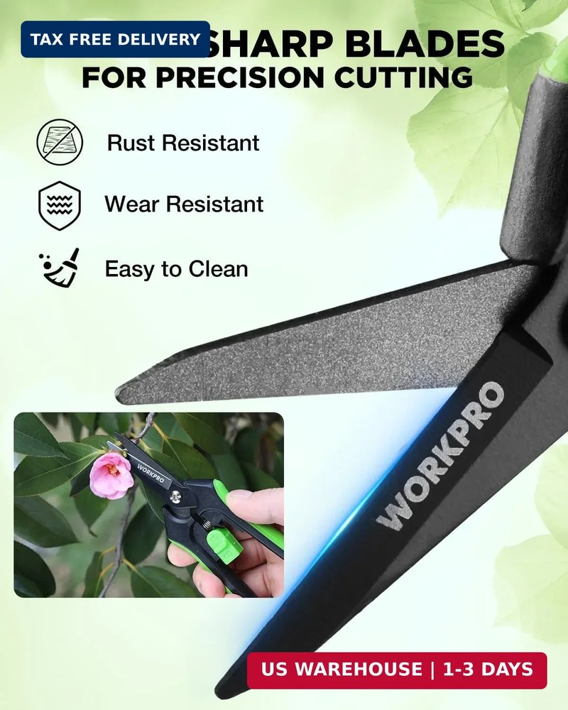 WORKPRO 6-Inch Pruning Shears, Sharp Gardening Scissors for Precise Cuts, High-C