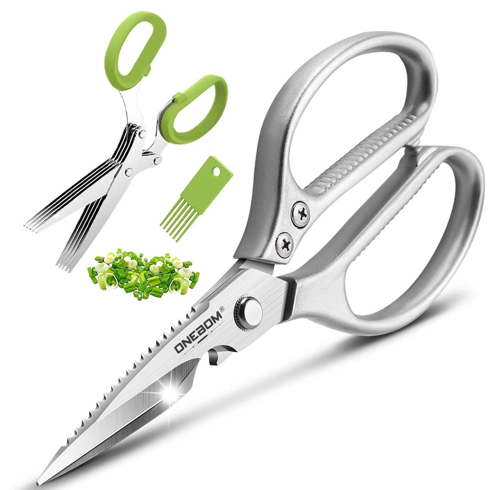 ONEBOM Kitchen Shears 2 Pack,Multi-Function Scissors Heavy Silver
