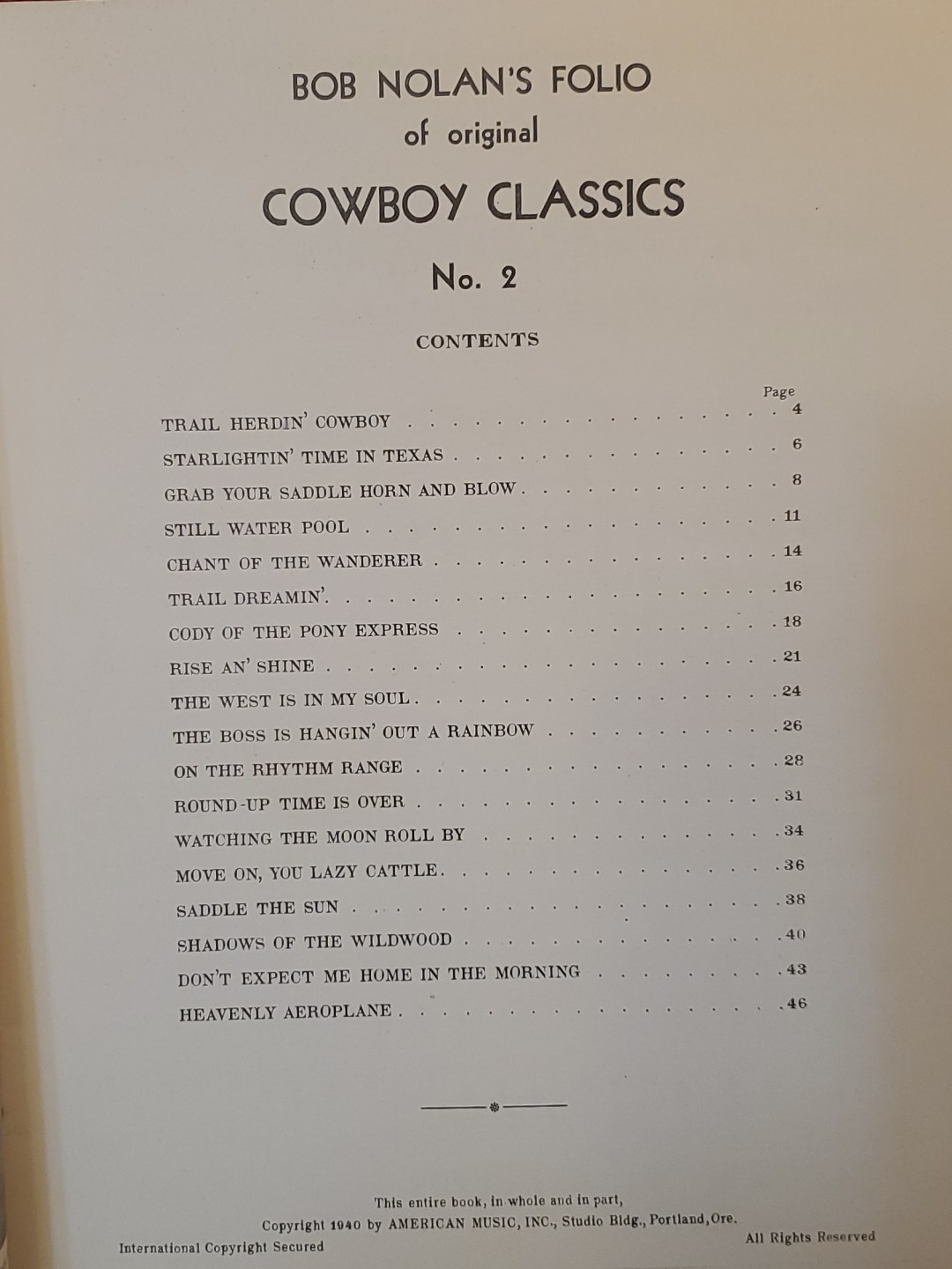 1940 Bob Nolan's Folio of Original Cowboy Classics No. 2 Sheet Music Songbook