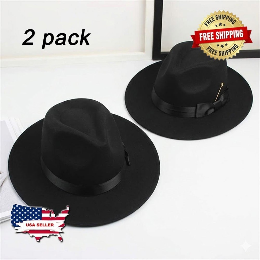 2 Pack-Black Fedora Hat with Removable Belt – Adjustable & Stylish