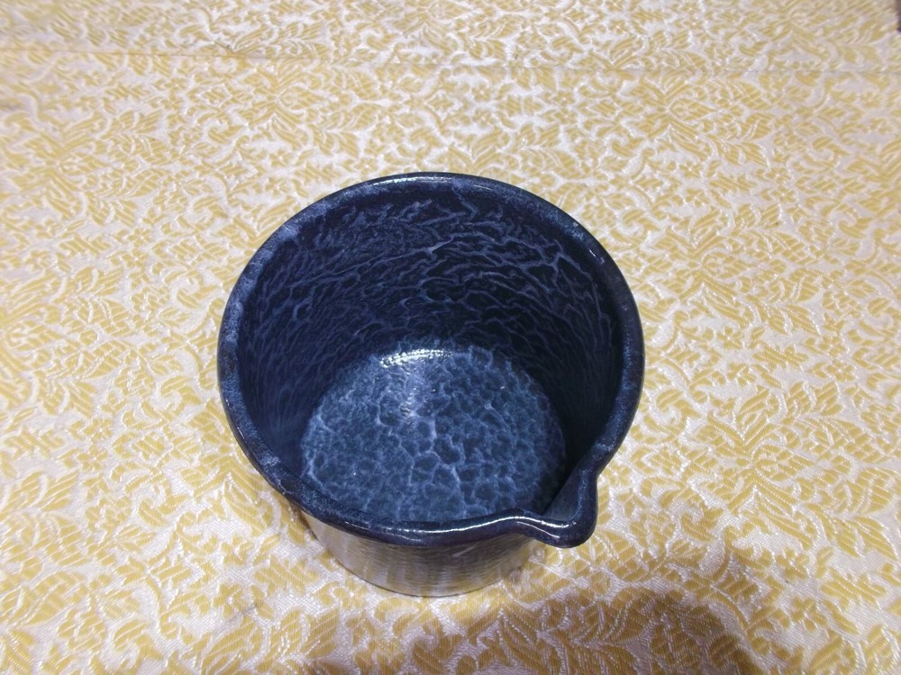 Vintage Blue Enamelware Pot With Handle Romania Label Unusual Pattern