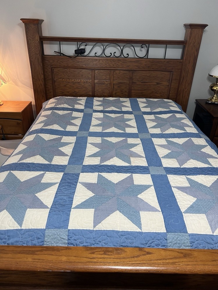 Full Size Patchwork Quilt Blue And White Star Design