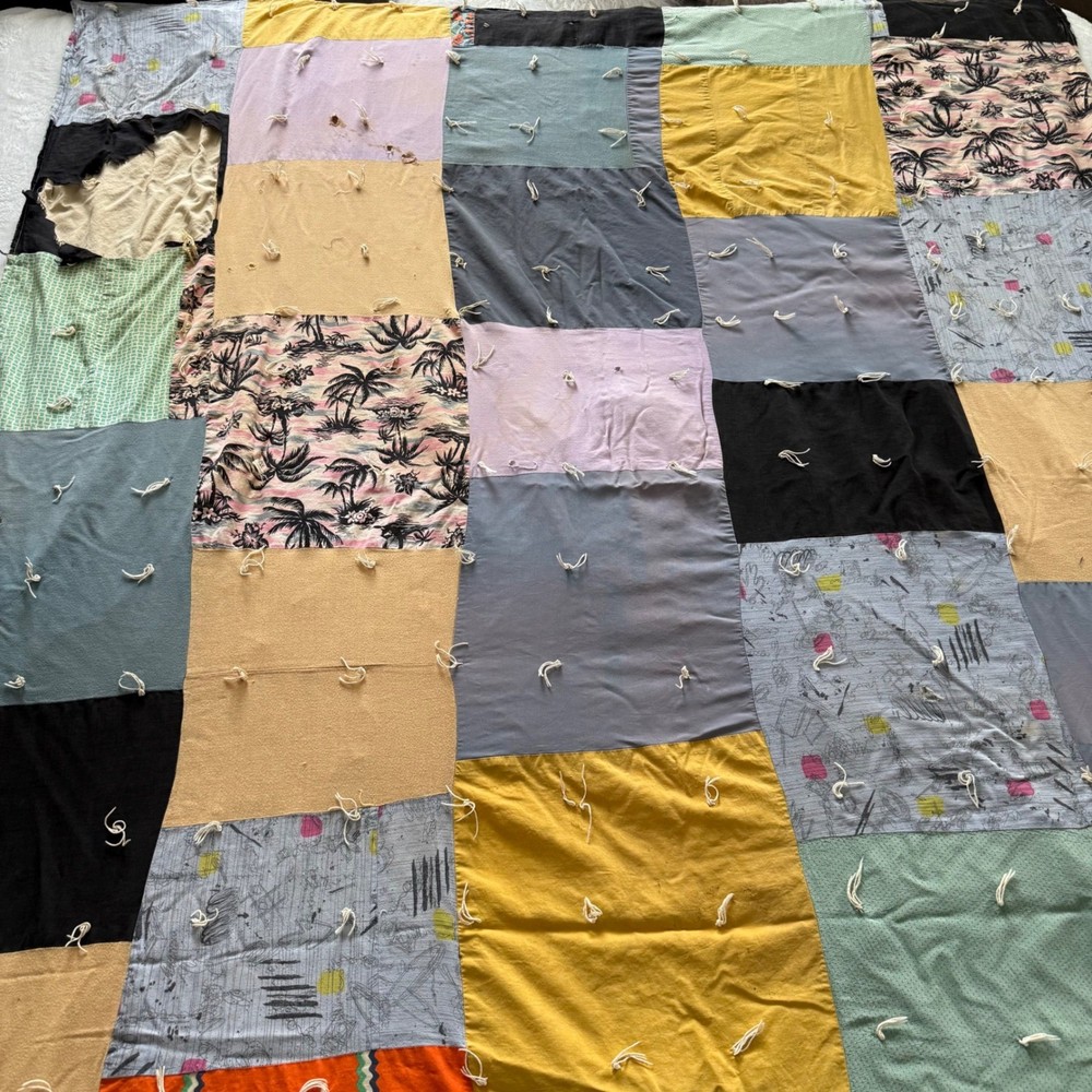 Vintage Patchwork Cutter Quilt 80x64 Thin Tied 70s Upcycle Craft