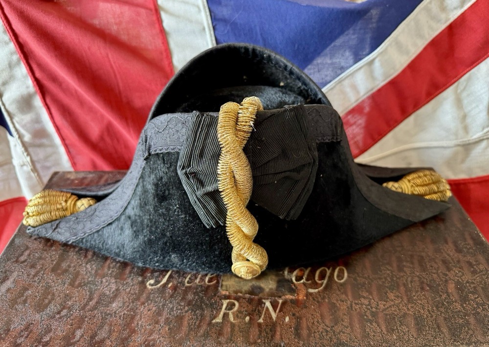 1920’s Royal Navy Officers Gold Braided Bicorne Hat & Dress -Lt J. De. F Jago RN