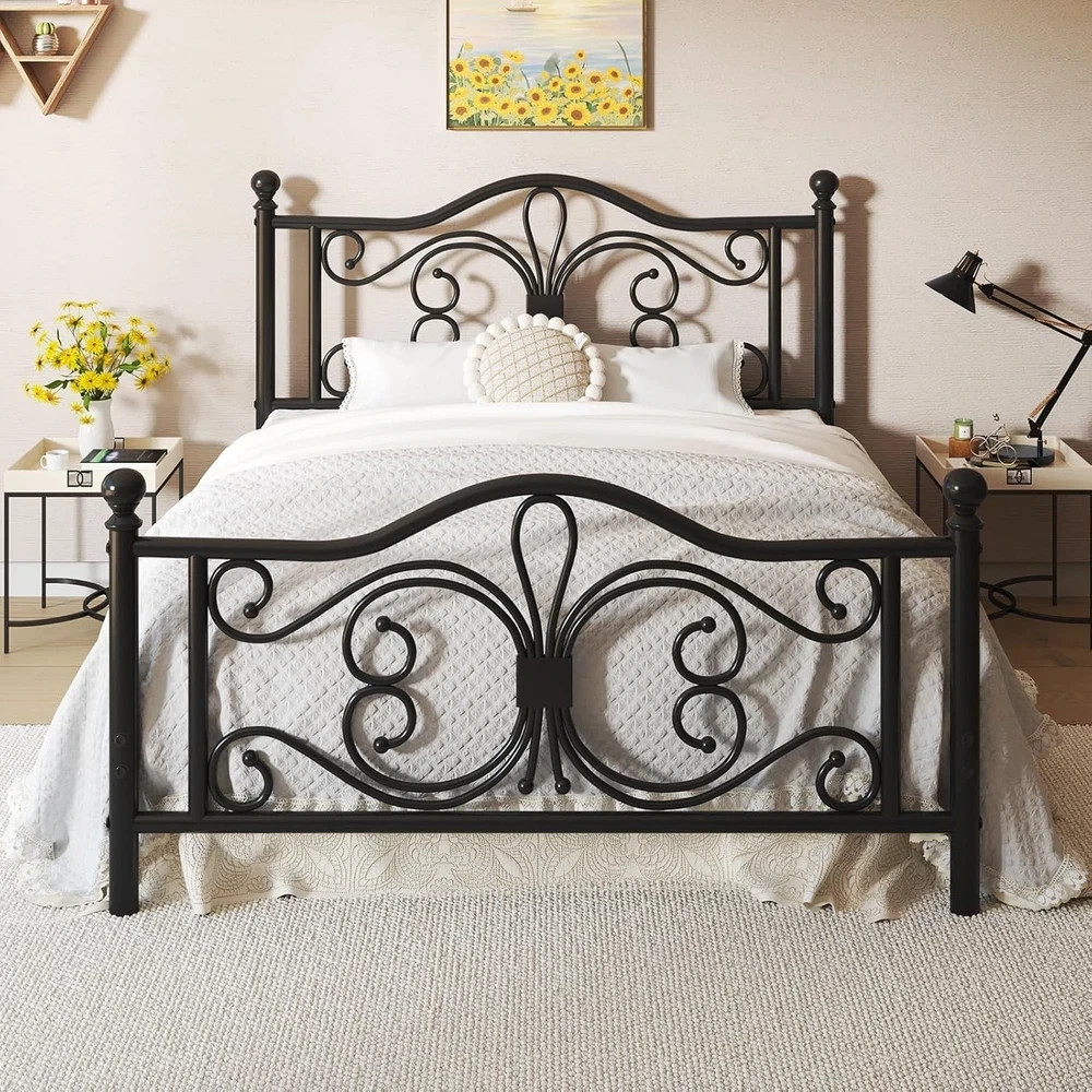 Full Size Bed Frame/Metal Platform Bed Frame with Butterfly Pattern Design