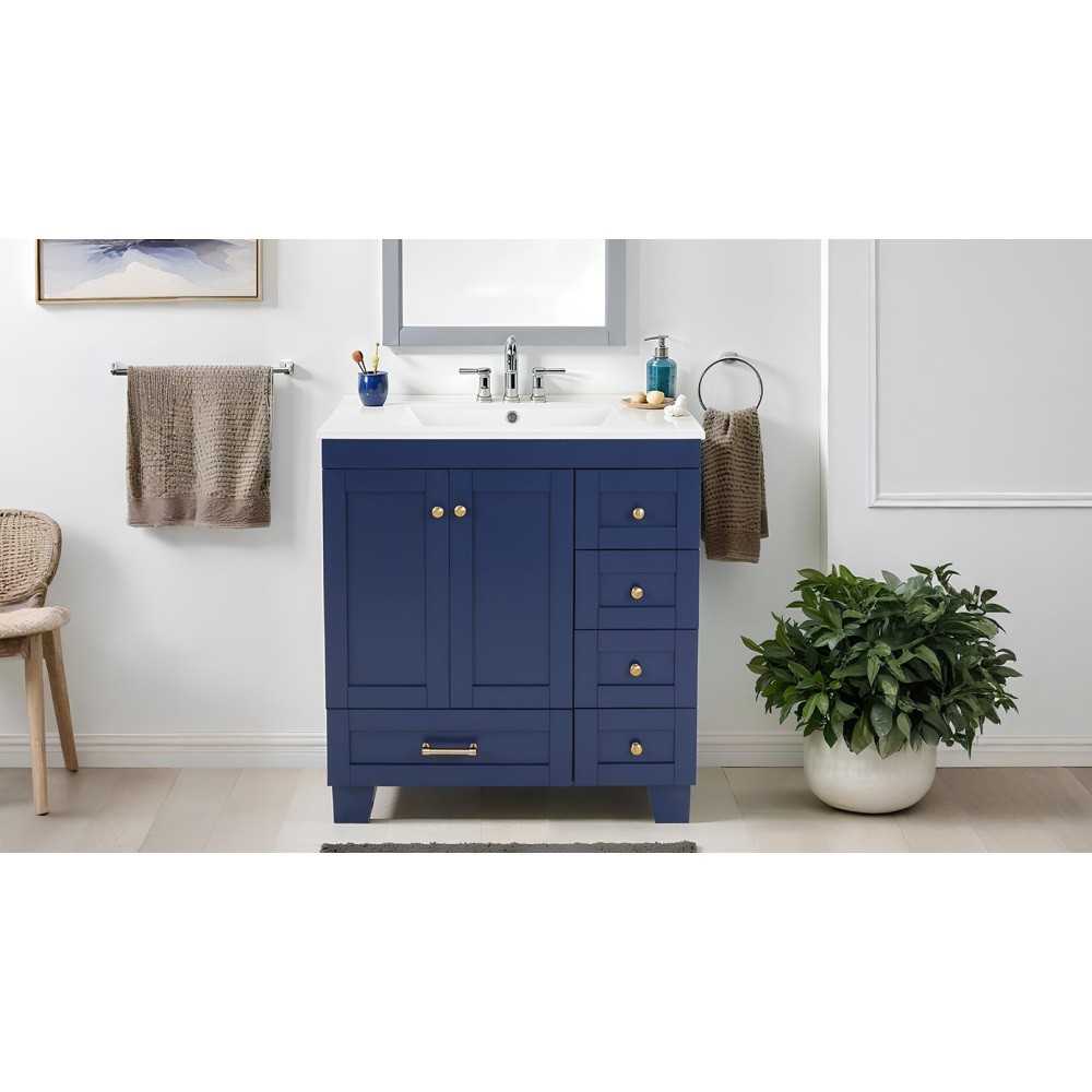 30" Blue Bathroom Vanity w/Ceramic Sink,Soft Close Drawers, Solid Wood Frame